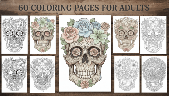 Download 60 Floral Skull Coloring Pages for Adult - Premium Bundle